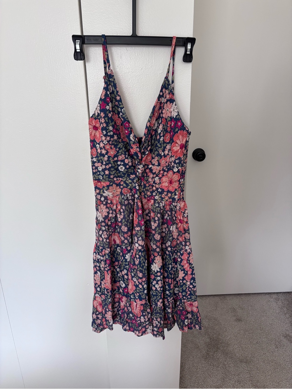 Floral V-Neck Spaghetti Strap Sundress - Navy with Pink Floral
